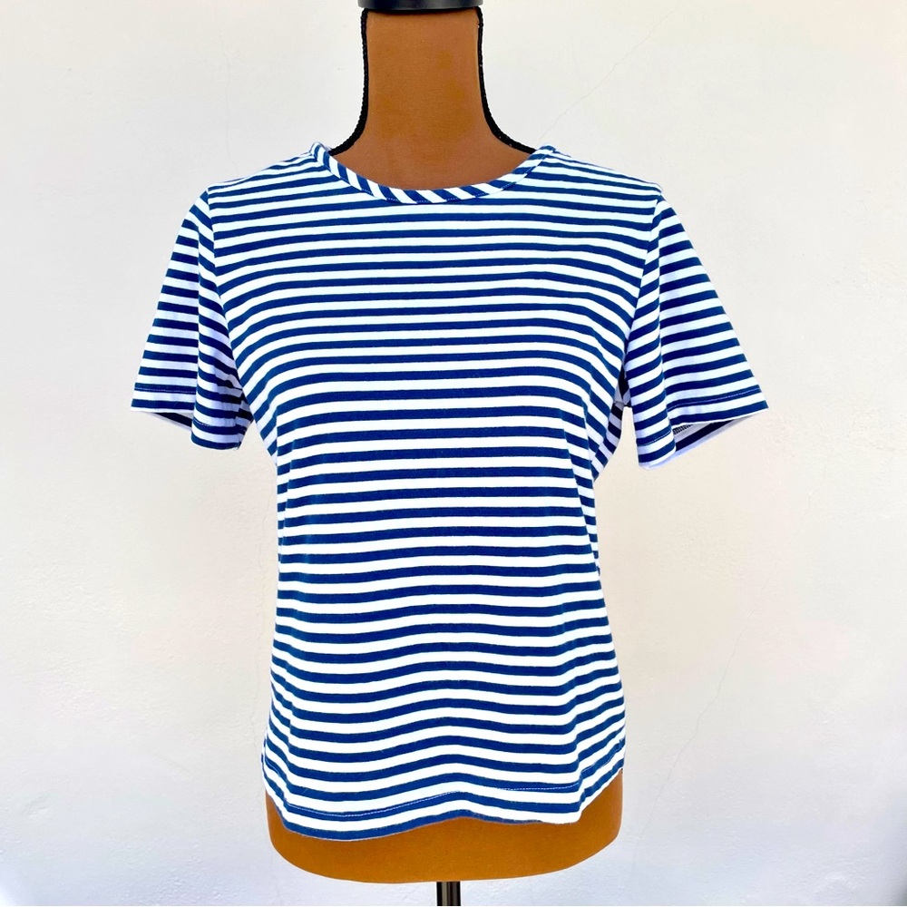 Blair Basic Short Sleeve Tee Navy Blue White Stripes Size Petite Small